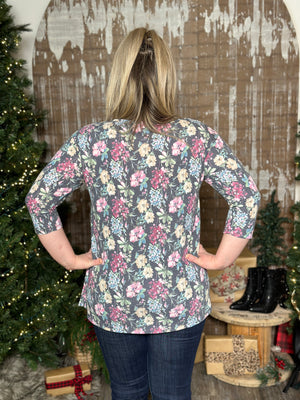 DOORCRASHER - 3/4 Sleeve Floral French Terry Top (Small - 3X) - FINAL SALE