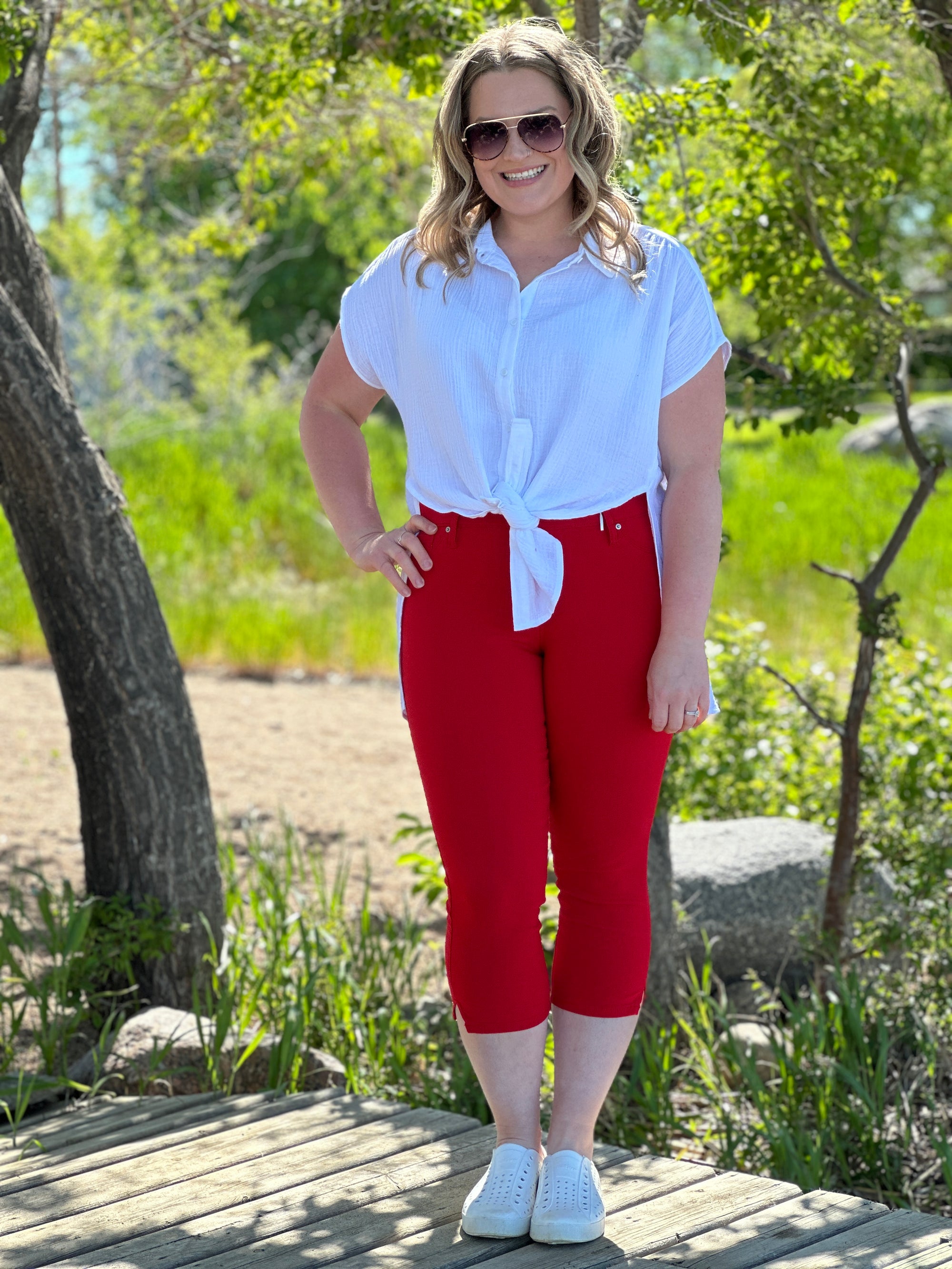 Drop Shoulder White Gauze Button Up Top