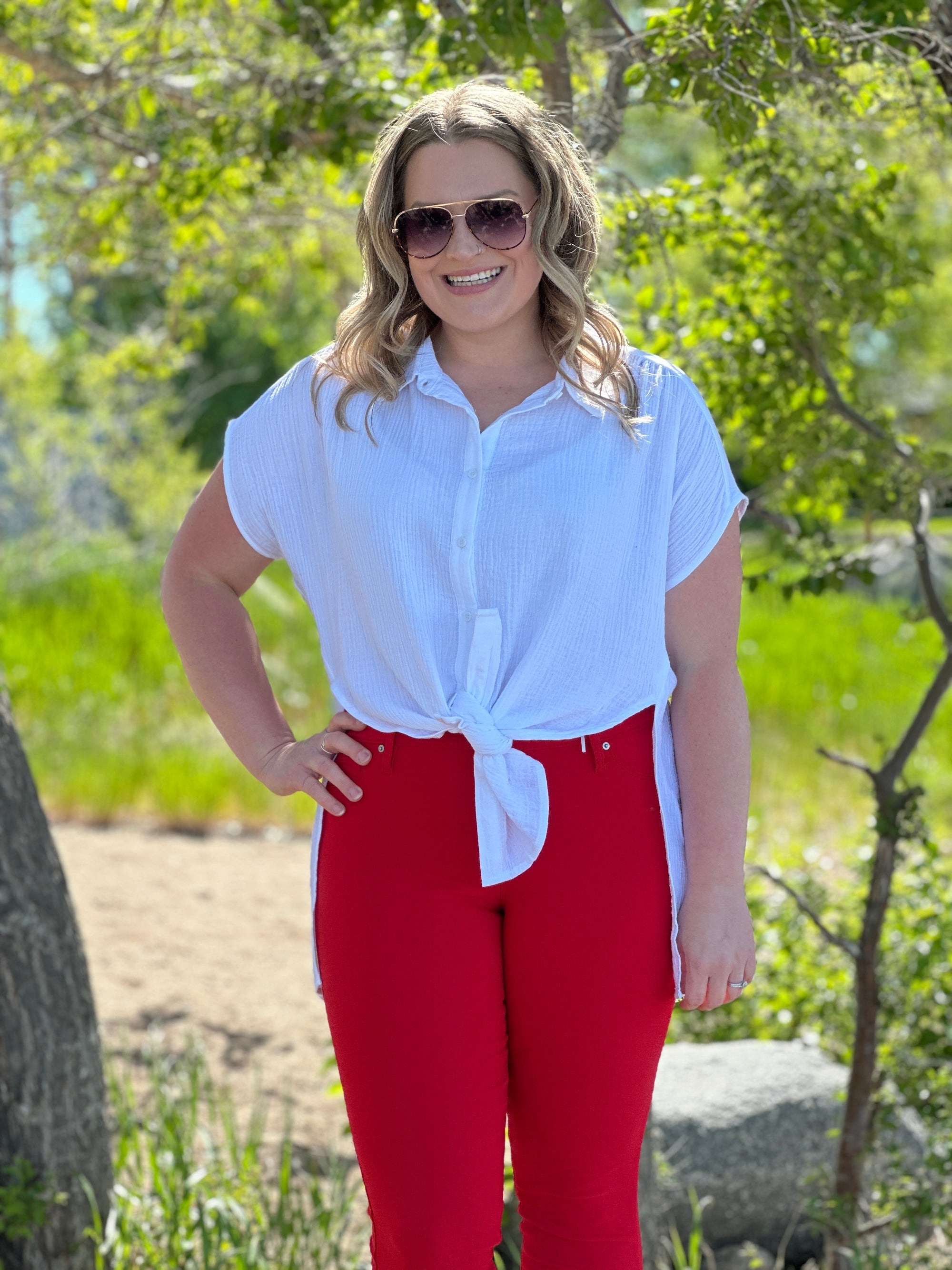 Drop Shoulder White Gauze Button Up Top