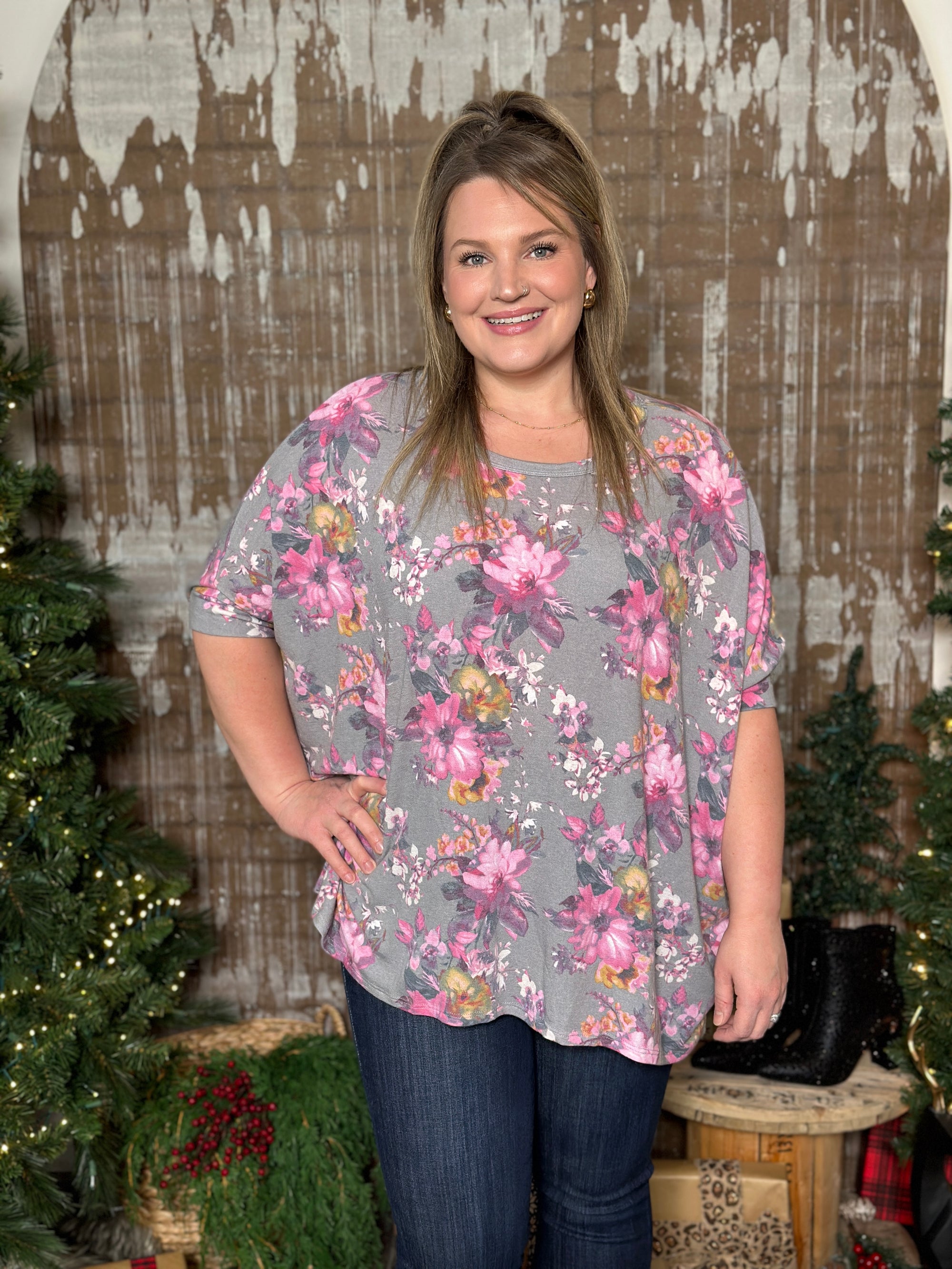 DOORCRASHER - Short Sleeve Grey Floral French Terry Top (Small - 3X) - FINAL SALE