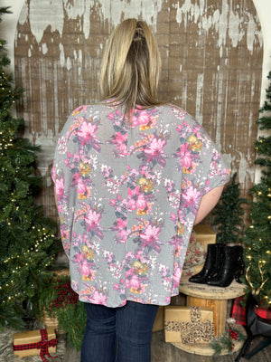 DOORCRASHER - Short Sleeve Grey Floral French Terry Top (Small - 3X) - FINAL SALE