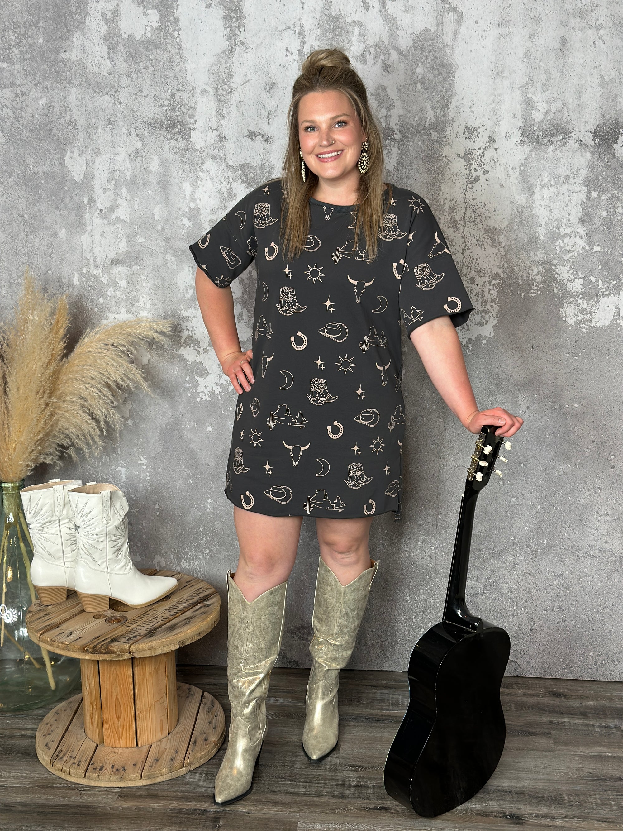 Western Graphic Style Tshirt Dress - Charcoal Restock