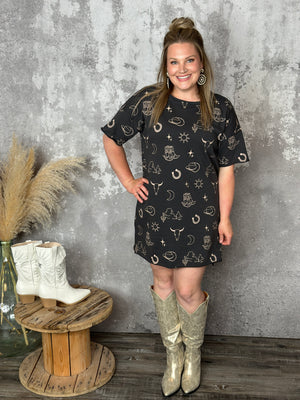 Western Graphic Style Tshirt Dress - Charcoal Restock