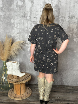 Western Graphic Style Tshirt Dress - Charcoal Restock