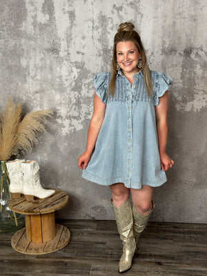 Ruched Denim Mineral Wash Dress (SMALL LEFT)