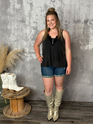 Floral Lace Tank with Buttons - Vintage Black