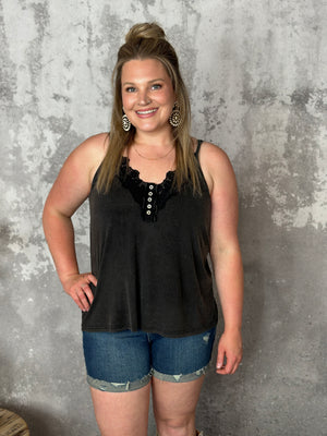 Floral Lace Tank with Buttons - Vintage Black