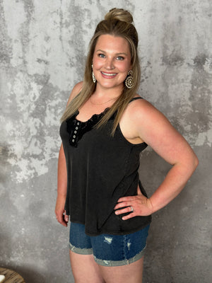 Floral Lace Tank with Buttons - Vintage Black