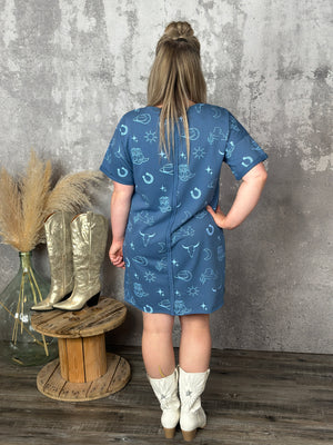 Western Graphic Style Tshirt Dress - Blue