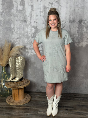 Grey Embroidered Print Western Dress