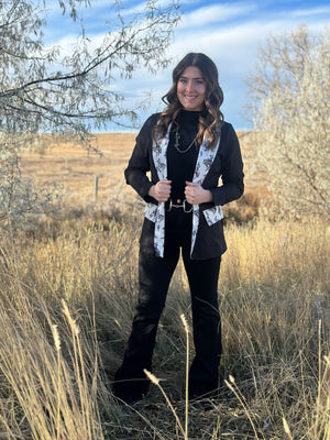 Black Blazer with Western Print Detail