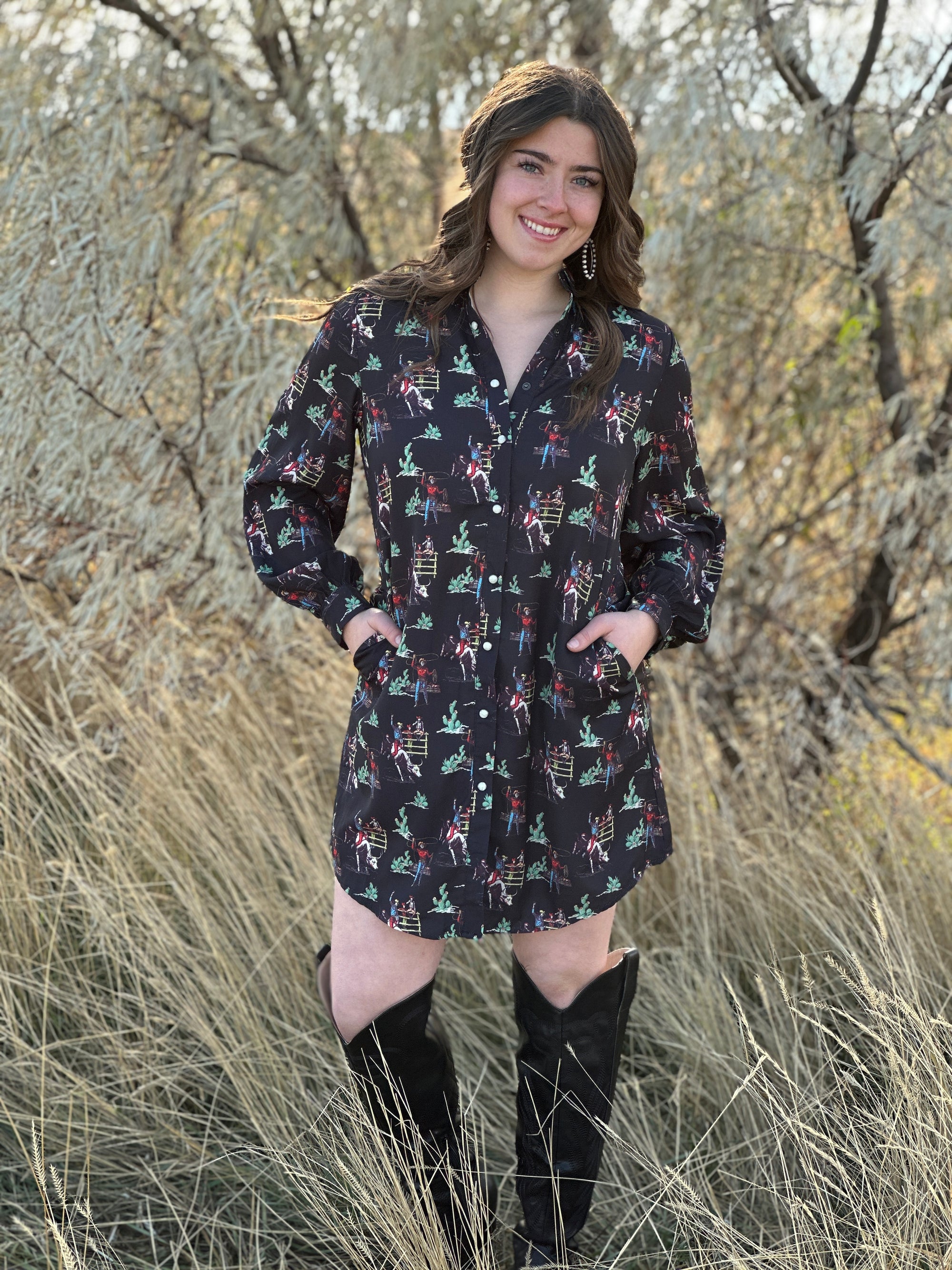 Western Graphic Dress with Pearl Snap Buttons