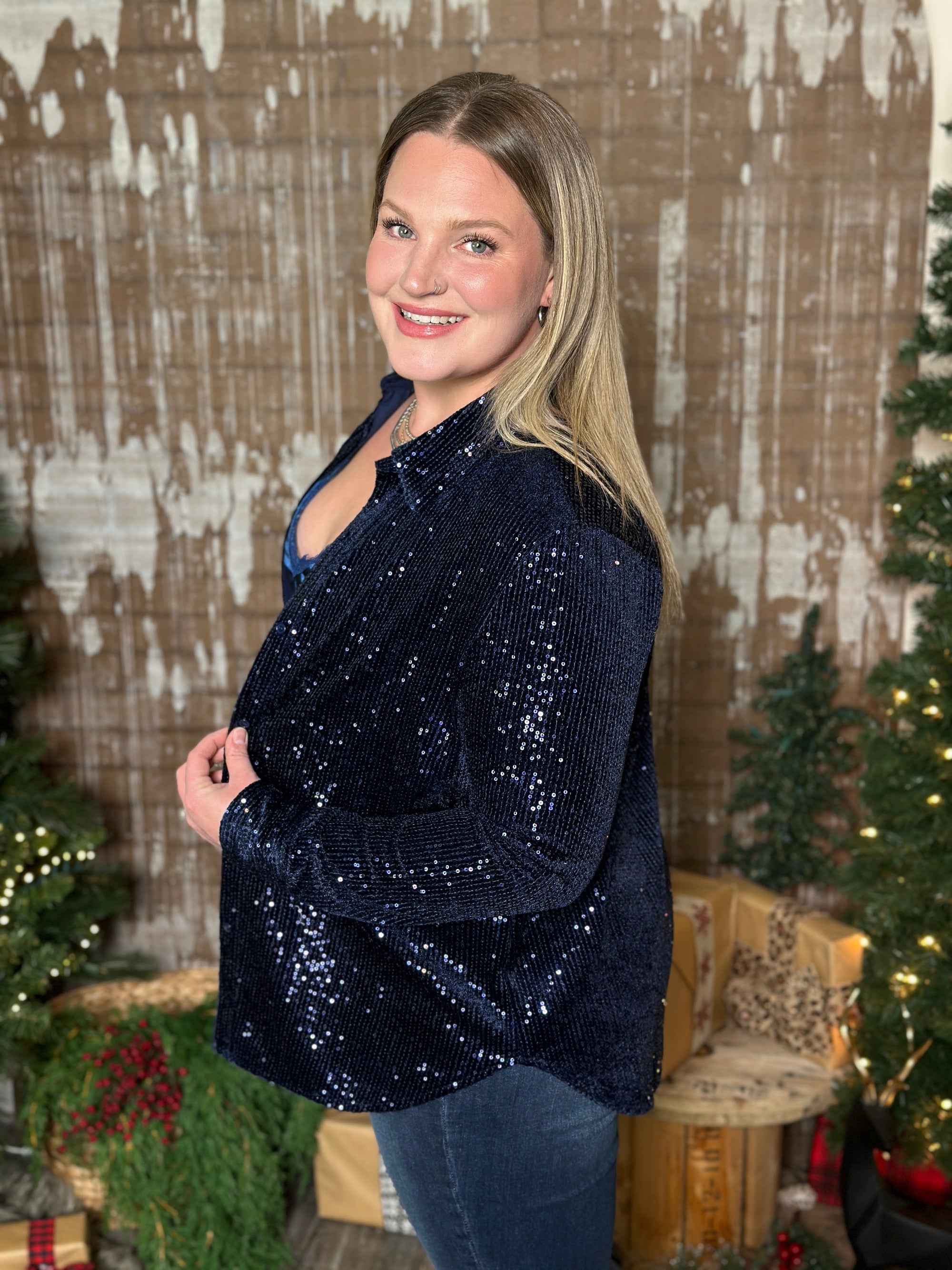 Blue Sequin Velvet Blouse  (Small - 3X)