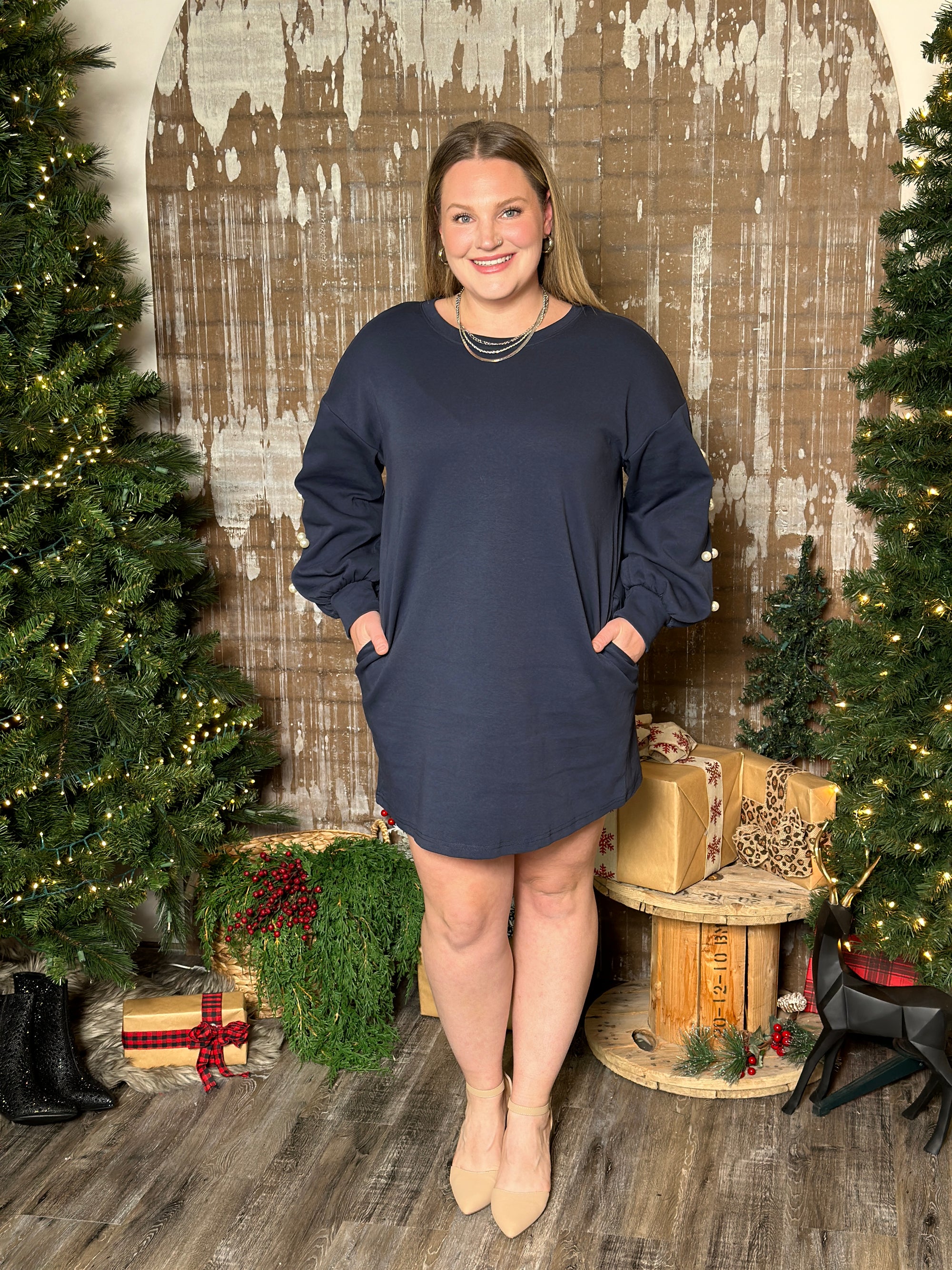 Navy Sweater Dress with Pearl Sleeve Detail