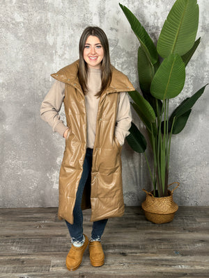 Long Faux Leather Coffee Puffer Vest