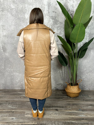 Long Faux Leather Coffee Puffer Vest