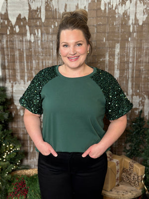 DOORCRASHER - Green Sequin Sleeve Top - (Small - 3X) FINAL SALE