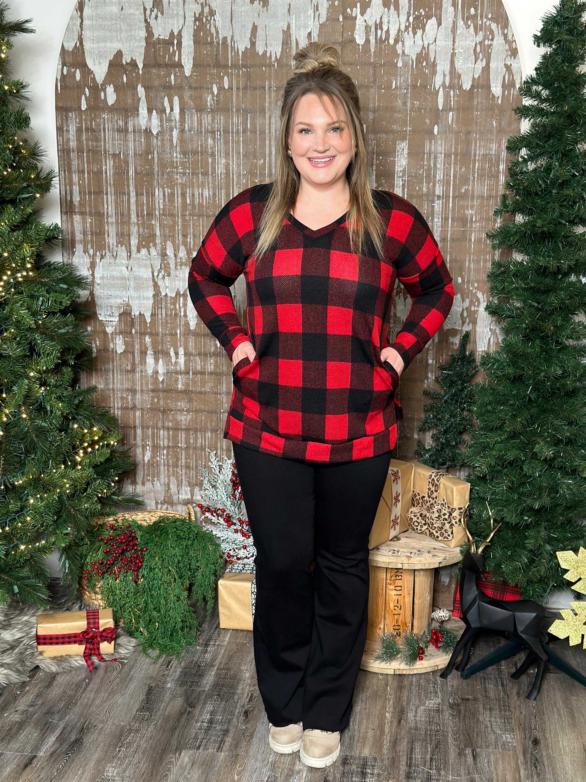 DOORCRASHER - Buffalo Plaid Vneck Tunic Top  (Small - 3X) - Final Sale