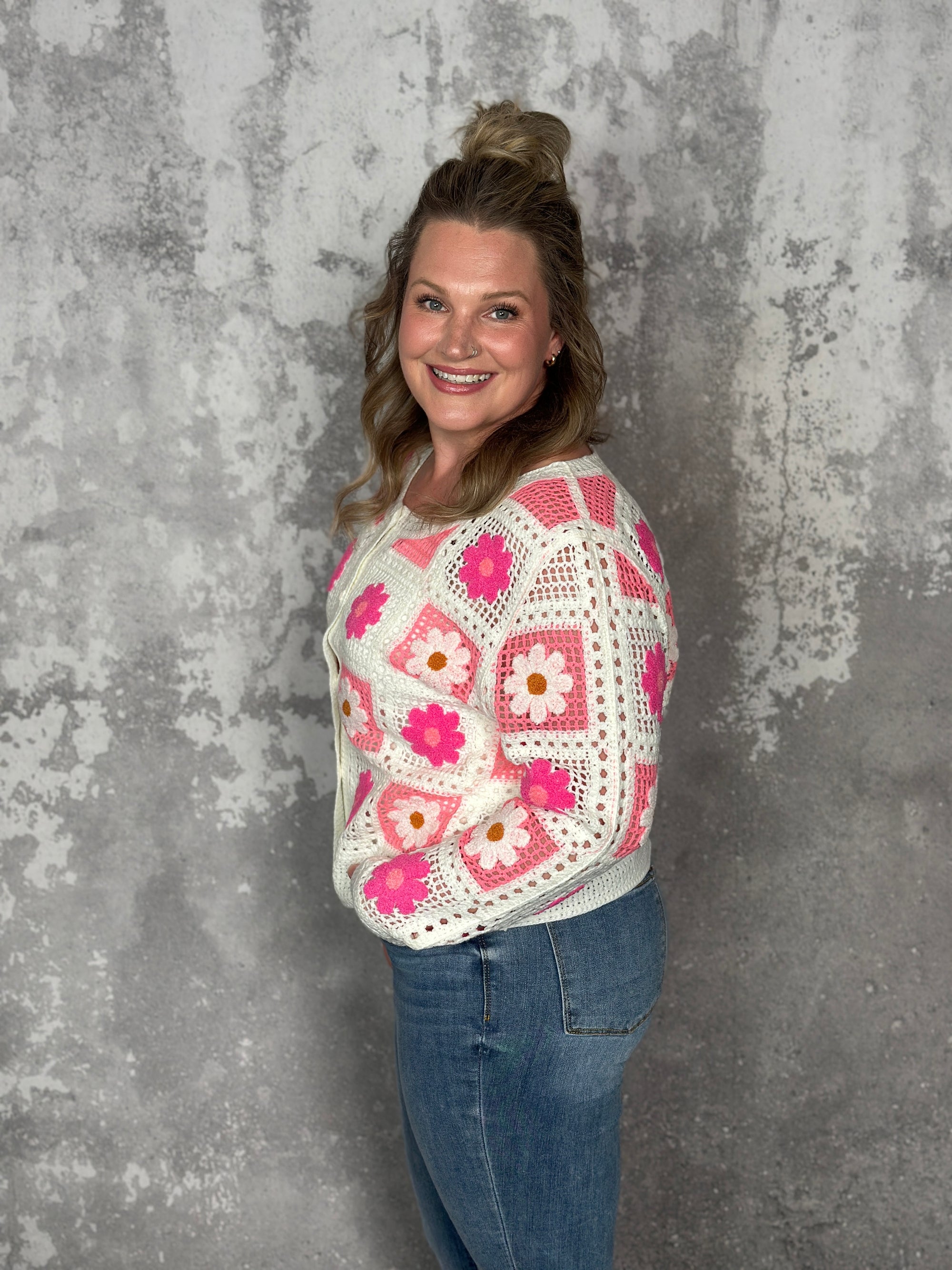 Neon Pink and White Knit Floral Cardigan/Sweater (LARGE LEFT)