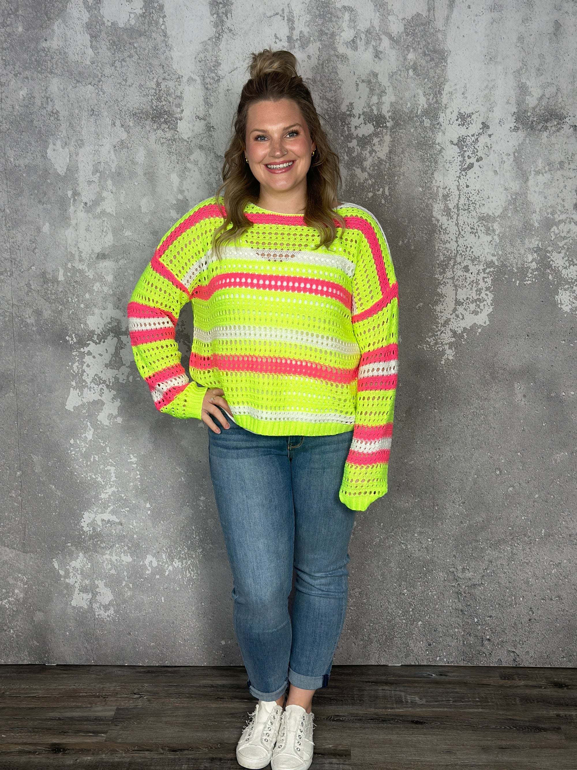 Loose Knit Neon Yellow Stripe Sweater (Small - 3X)