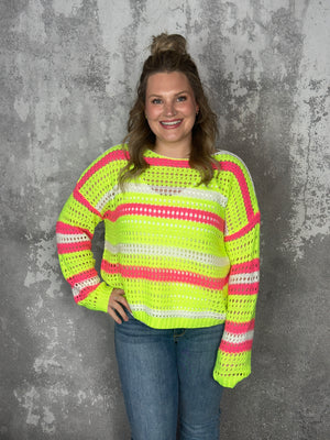 Loose Knit Neon Yellow Stripe Sweater (Small - 3X)