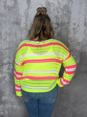 Loose Knit Neon Yellow Stripe Sweater (Small - 3X)