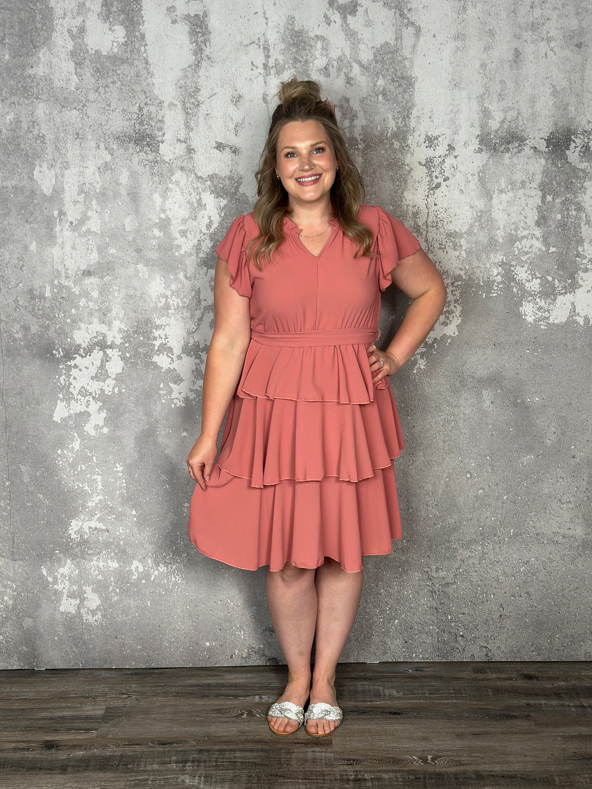 Dark Coral Tiered Ruffle Dress (Small - 3X)