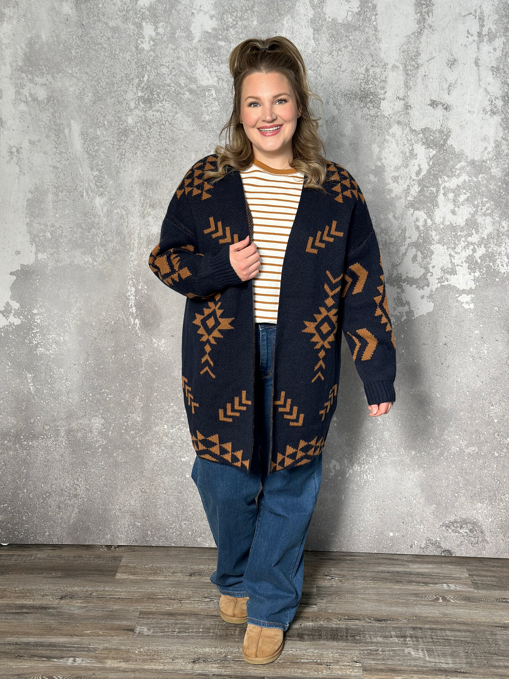 Navy Aztec Cardigan - Curvy Only