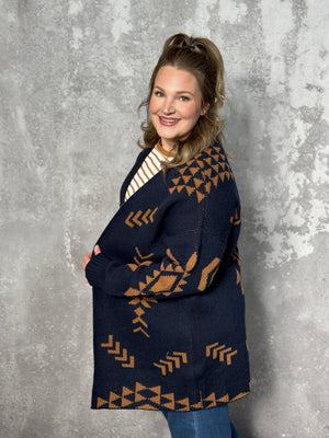 Navy Aztec Cardigan - Curvy Only