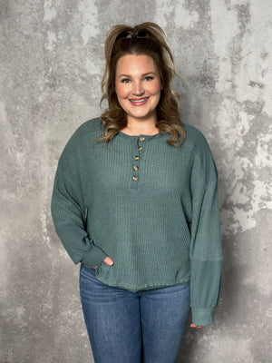 Teal Long Sleeve Waffle Top with Buttons