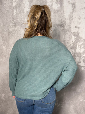 Teal Long Sleeve Waffle Top with Buttons