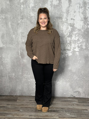 Ribbed Asymetrical Seam Long Sleeve Top - Brown (Small - 3X)