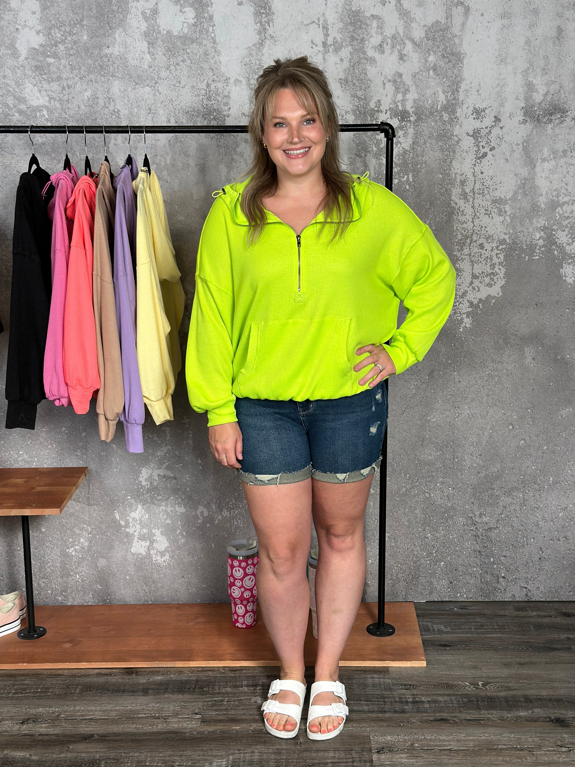 Lightweight Waffle Bomber Sweatshirt with Hood - Neon Green