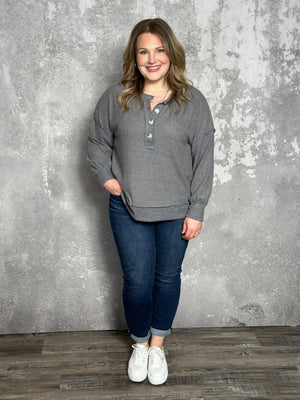 Long Sleeve Ribbed Button Detail Top - Grey (Small - 3X)