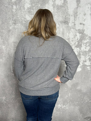 Long Sleeve Ribbed Button Detail Top - Grey (Small - 3X)