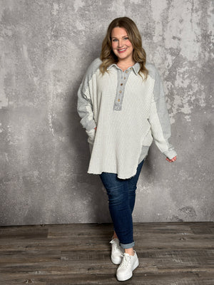 White/Grey Oversized Textured Collared Tunic Top