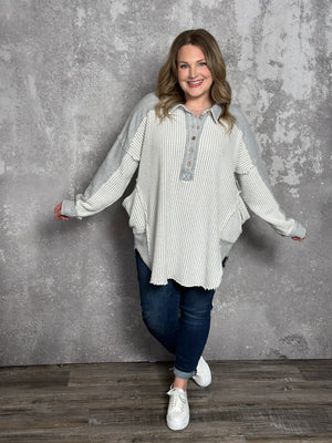 White/Grey Oversized Textured Collared Tunic Top