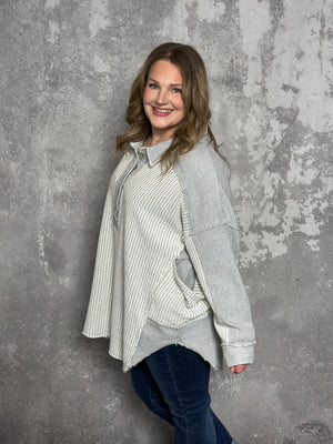 White/Grey Oversized Textured Collared Tunic Top