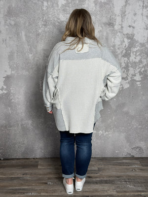 White/Grey Oversized Textured Collared Tunic Top