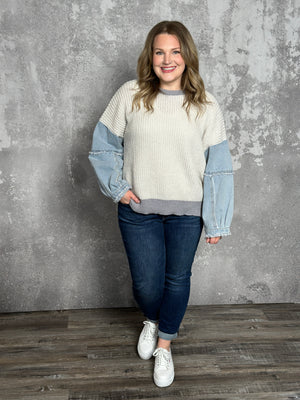 Grey Sweater with Denim Sleeves (Small - 3X)