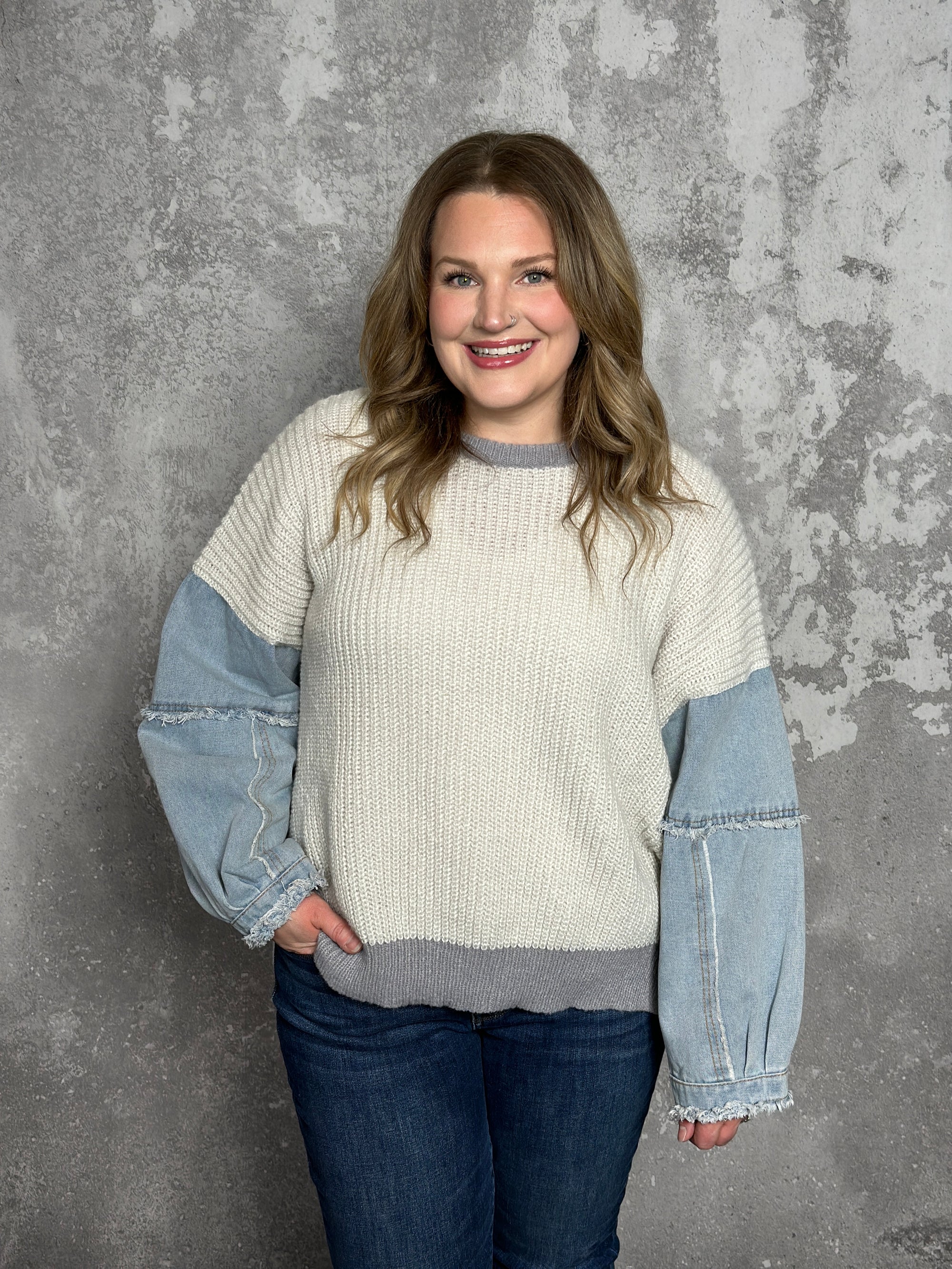 Grey Sweater with Denim Sleeves (Small - 3X)