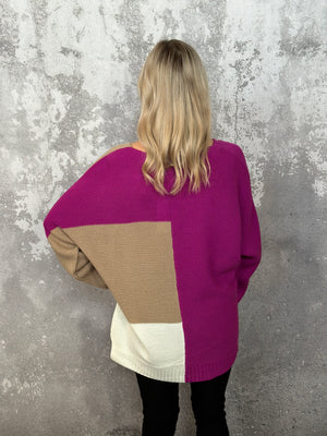 Colorblock Sweater Fuchsia/Tan/Ivory (Small - 3X)