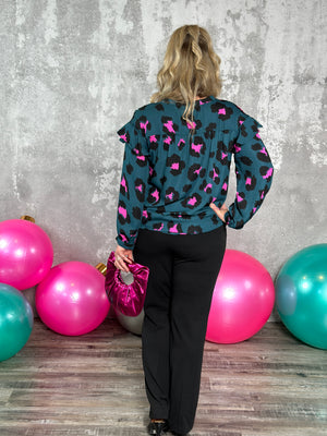 Teal Leopard Ruffle Blouse (Small - 3X)