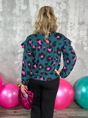 Teal Leopard Ruffle Blouse (Small - 3X)