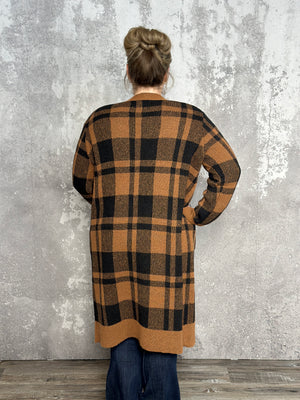 Camel Plaid Longline Cardigan (Small - 3X)