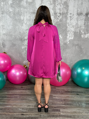 Magenta Neck Tie Dress with Rhinestone Sleeves