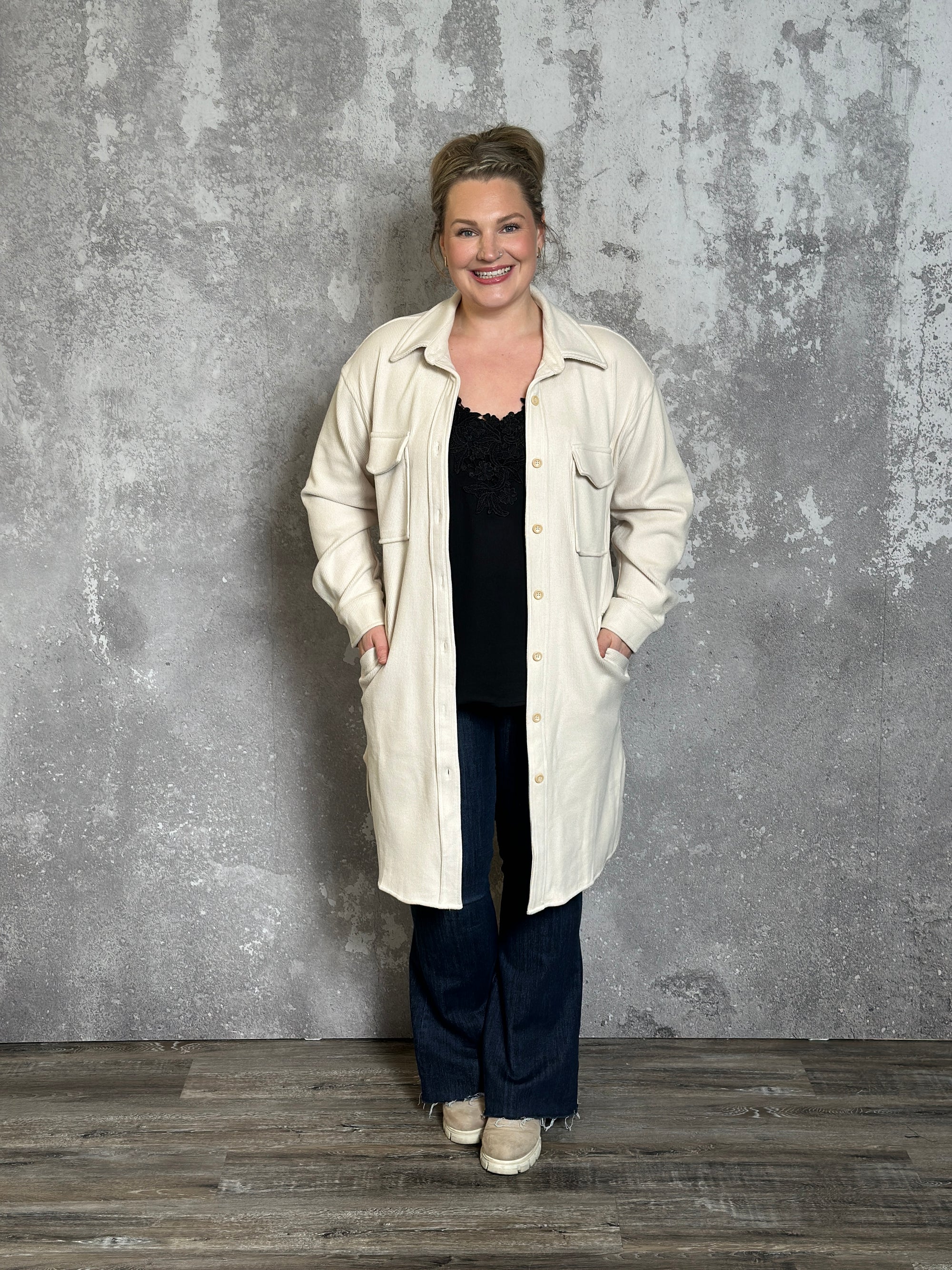 Long Soft Brushed Ribbed Shacket - Cream