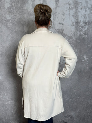 Long Soft Brushed Ribbed Shacket - Cream