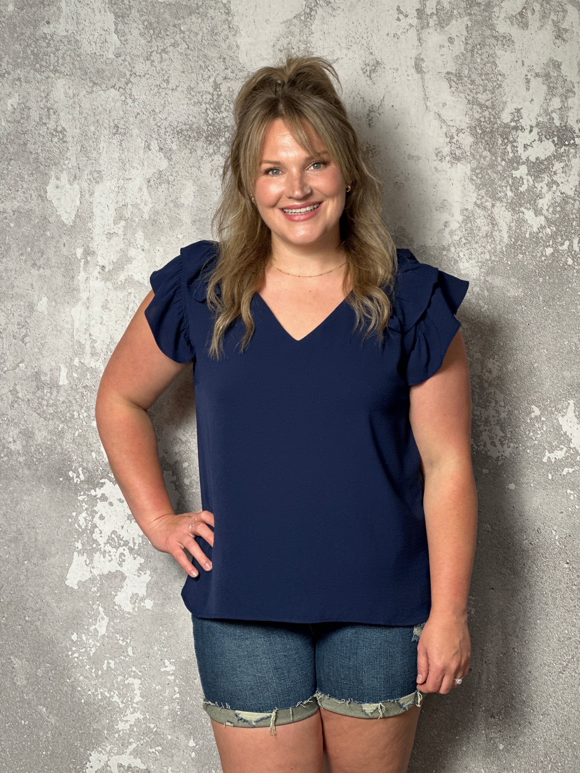 The Olivia Ruffle Top - Navy (Small - 2X) NEW COLOR