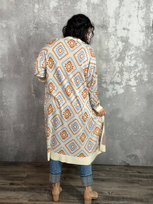 Geo Print Long Cardigan  (Small - 3X) RESTOCK